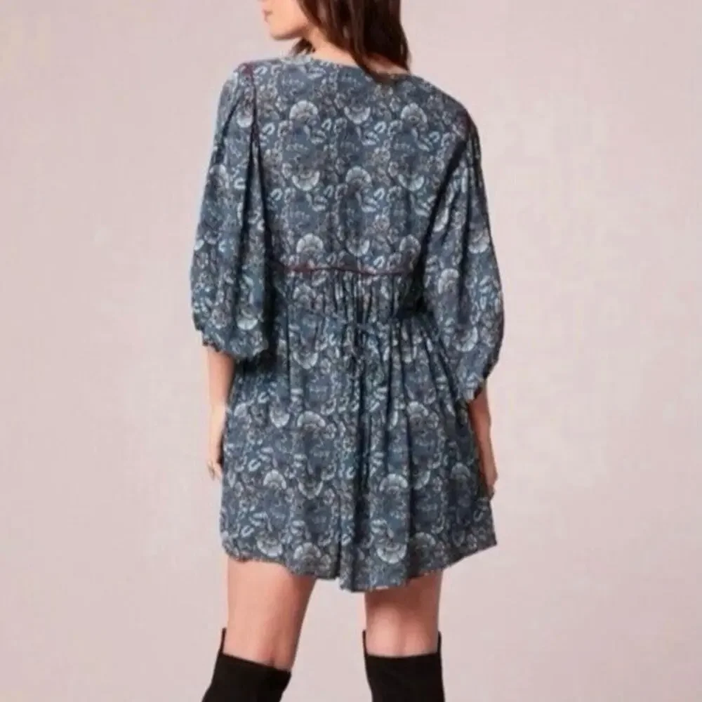 Band of the Free puff sleeve pocket short mini dress Aqua Teal floral BOG Small - Picture 4 of 16